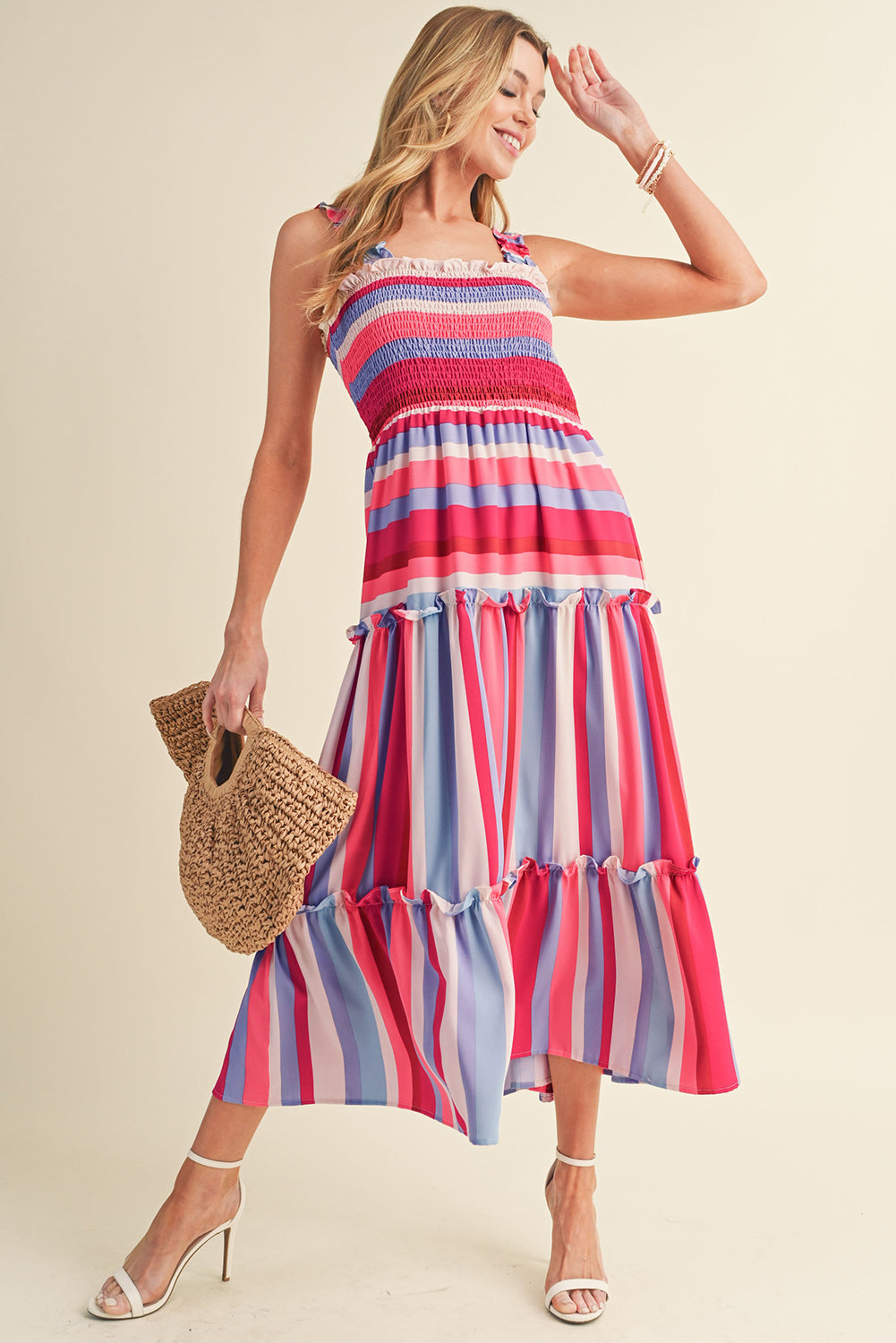 Red Stripe Ruffled Straps Smocked Tiered Midi Dress