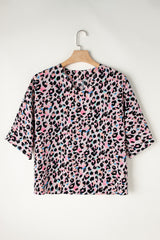 Pink Mixed Leopard Print V Neck Oversized Blouse