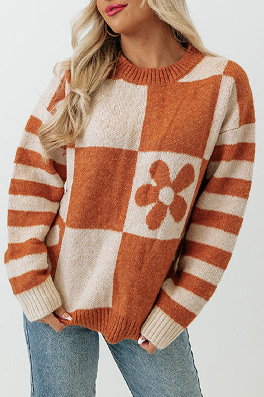 Brown 60s Floral Checkered and Striped Knitted Pullover Sweater