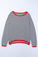 Striped Print Trim Drop Sleeve Knit Pullover Sweater