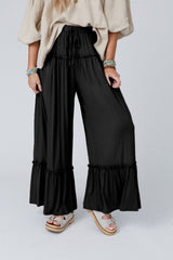 Black Frill Detail Drawstring High Waist Wide Leg Pants