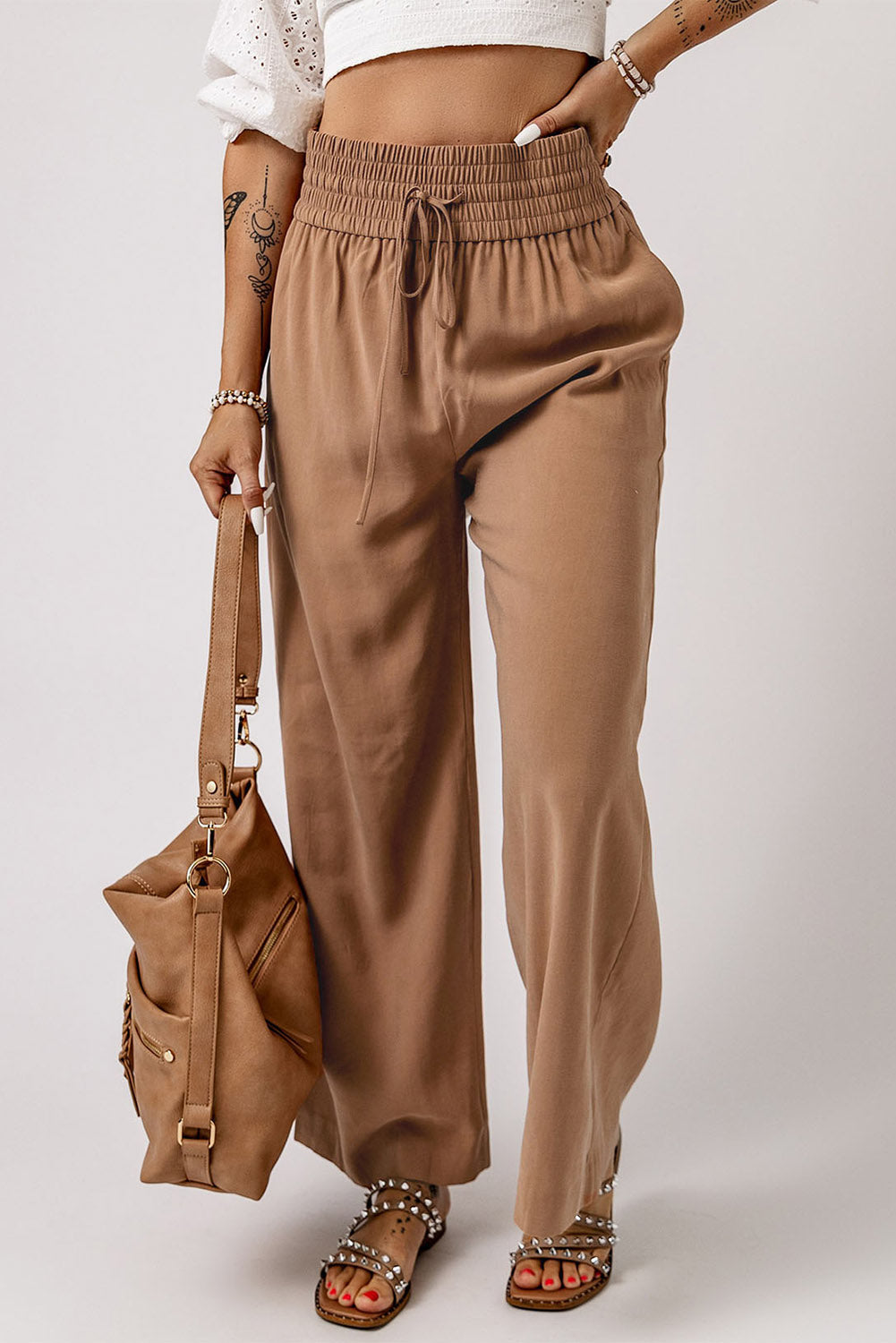 Brown Casual Drawstring Shirred Elastic Waist Wide Leg Pants