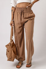 Brown Casual Drawstring Shirred Elastic Waist Wide Leg Pants