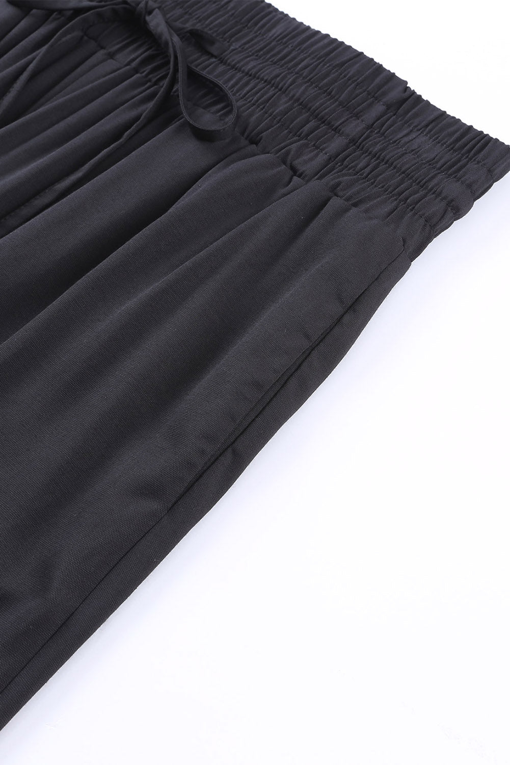 Black Plain Drawstring Shirred Elastic Waist Wide Leg Pants