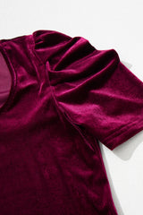 Burgundy Solid Color Elegant Short Puff Sleeve Velvet Top