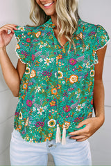 Green Lace Trim Flutter Sleeve Tropical Floral Print Blouse