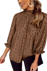 Brown Leopard Print Frill Neck 3/4 Sleeves Blouse