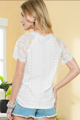 White V Neck Lace Splicing Eyelet Blouse