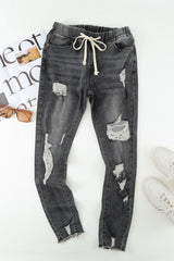 Gray Drawstring Elastic Waist Jeans With Hole