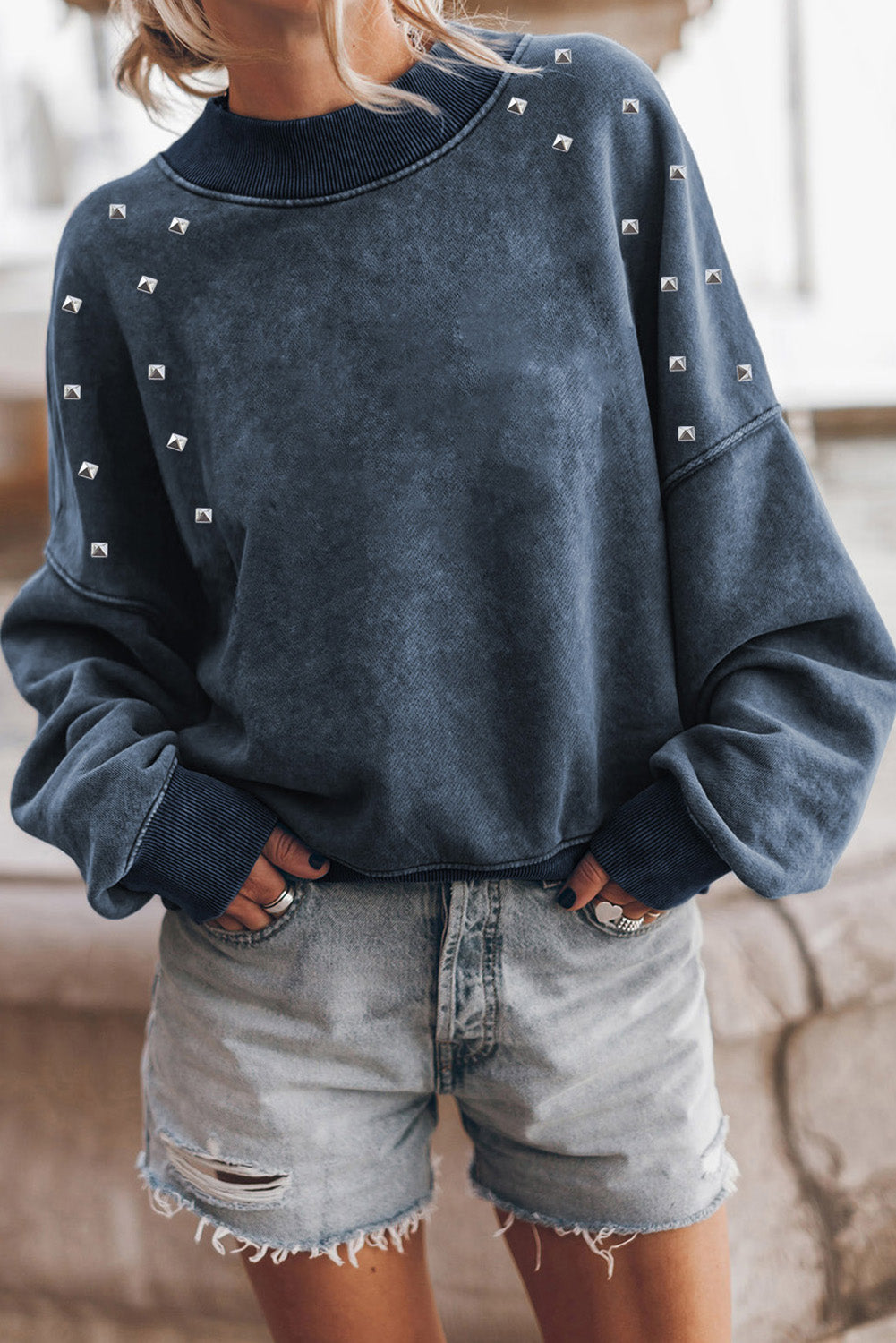 Sky Blue Studded Graphic Drop Shoulder Sleeve Sweatshirt