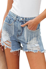 Sky Blue Rhinestone Tassel Casual Distressed Denim Shorts