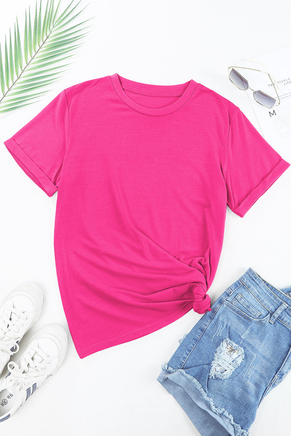 Rose Red Solid Color Crew Neck Roll Up Sleeve Tee