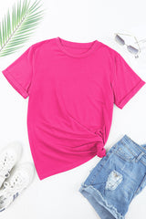 Rose Red Solid Color Crew Neck Roll Up Sleeve Tee