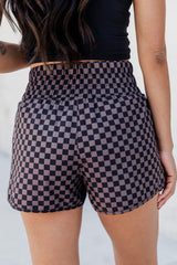 Brown Plaid Print High Waisted Athletic Shorts