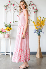 Pink Abstract Print Patchwork Sleeveless V Neck Tiered Dress