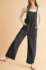 Black Plain Pocketed Loose Fit Corduroy Overalls