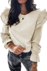 Beige Corduroy Round Neck Ruffled Flounce Sleeve Blouse