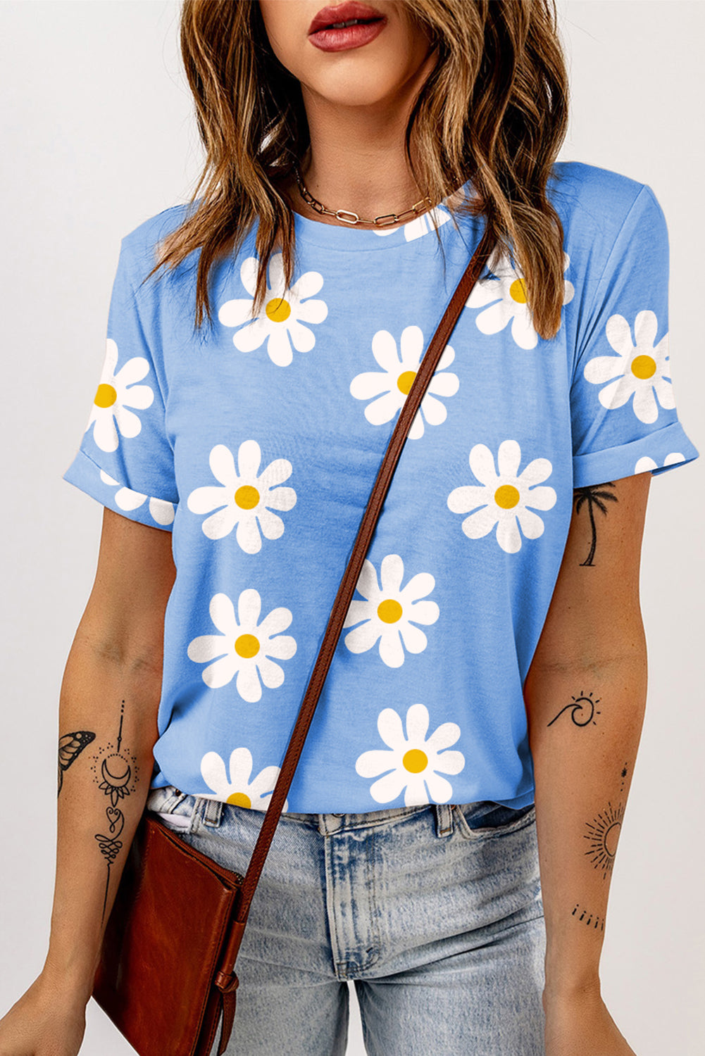 Sky Blue Daisy Print Crewneck T Shirt