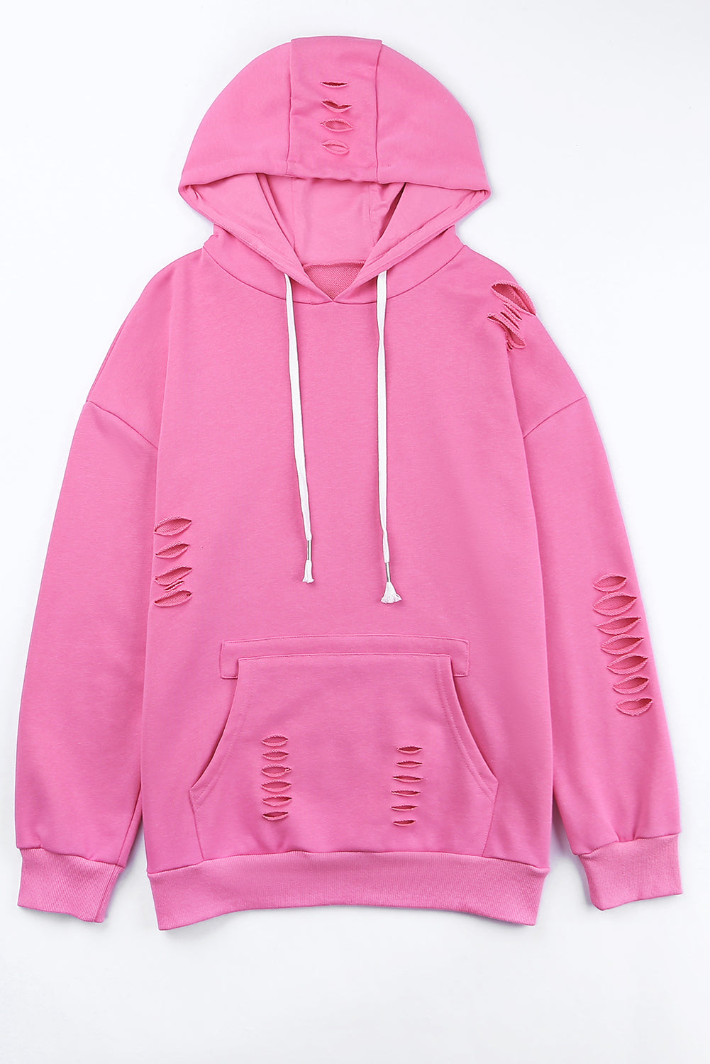 Pink Shabby Distressed Ripped Pockets Hoodie