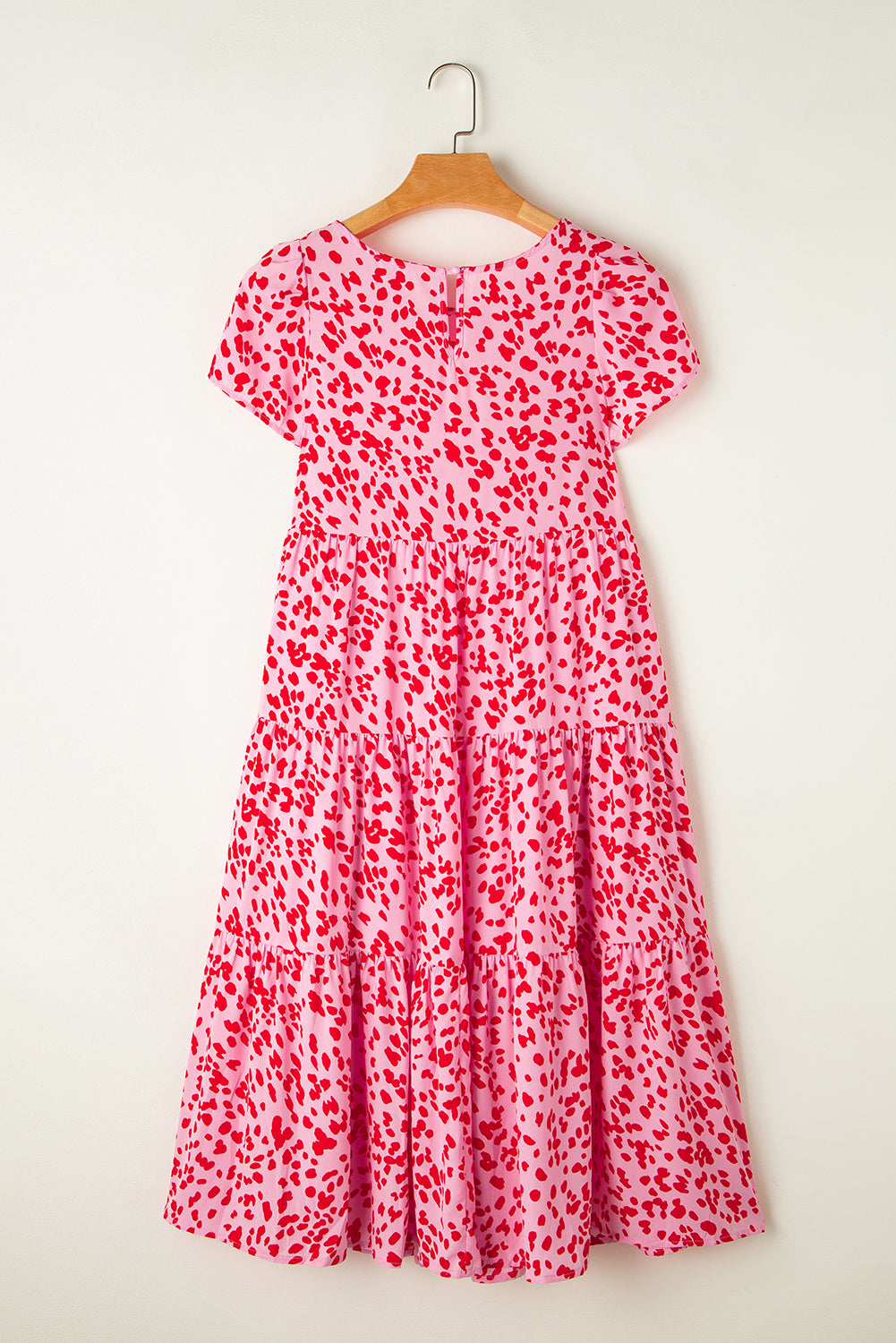 Pink Spotted Print Short Sleeve Flare Tiered Dress