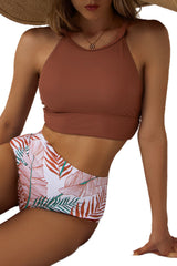 Brown Tropical Print Back Split Color Block High Waisted Swimsuit