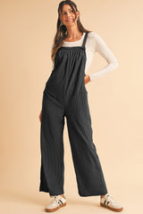 Black Plain Pocketed Loose Fit Corduroy Overalls