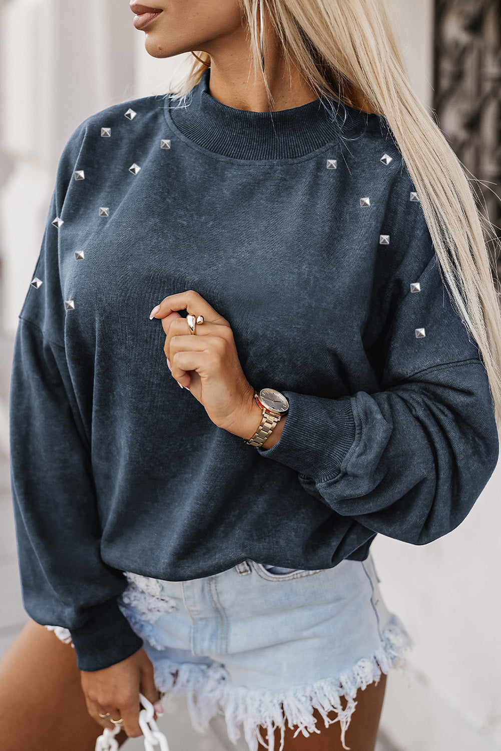 Sky Blue Studded Graphic Drop Shoulder Sleeve Sweatshirt