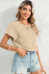 Apricot Textured Round Neck Frill Short Sleeve Blouse