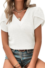 White Tulip Sleeve Waffle Knit V Neck T-Shirt