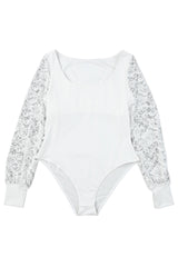 White Lace Sleeves Square Neck Bodysuit