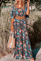 Sky Blue Boho Floral Print Knotted Backless Maxi Dress