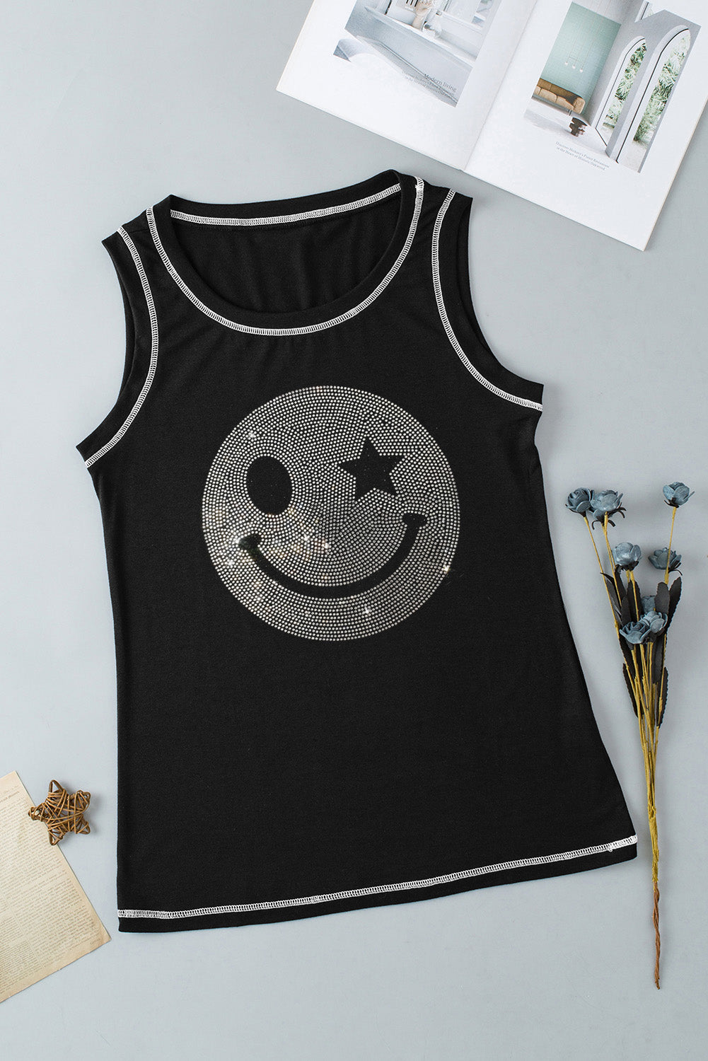 Black Rhinestone Smile Face Graphic Exposed Seam Tank Top