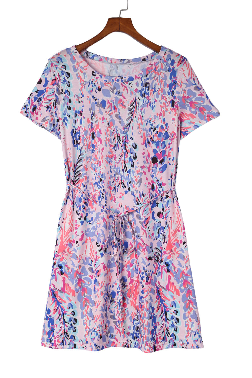 Multicolor Abstract Print Tie Back Short Sleeve Casual T Shirt Dress