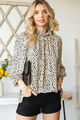 Khaki Leopard 3/4 Ruffle Sleeve Frill Neck Blouse