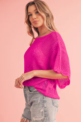 Rose Red Pointelle Knit Scallop Edge Short Sleeve Knit Top