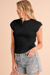 Black Solid Color Wavy Textured Cap Sleeve Top