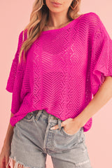 Rose Red Pointelle Knit Scallop Edge Short Sleeve Knit Top