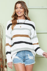 Multicolor Stripes Print Popcorn Drop Shoulder Pullover Sweater