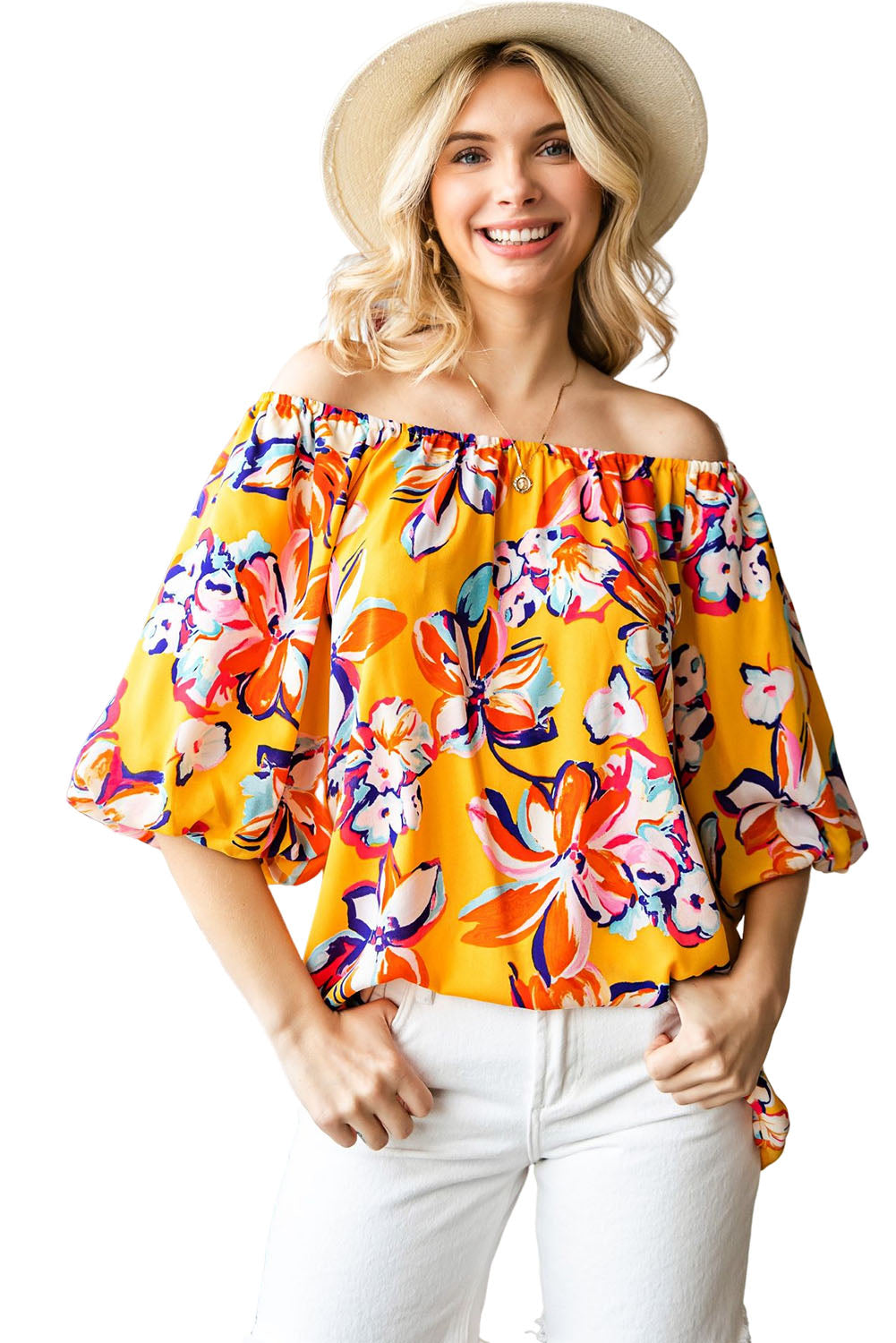 Yellow Floral Print Boho Half Sleeve Bishop Sleeve Blouse