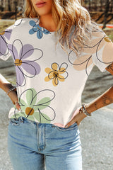 Beige Summer Flower Print Round Neck T Shirt