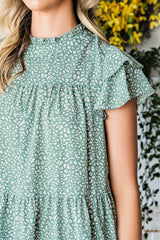 Pastel Green Cheetah Print Tiered Ruffle Sleeve Babydoll Blouse