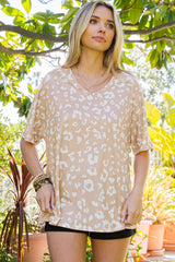 Apricot Leopard Print V Neck Loose T Shirt