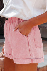 Dusty Pink Vintage Washed Frilled High Waist Denim Shorts