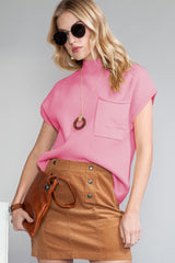 Wholesale Pink Patch Pocket Ribbed Knit Short Sleeve Sweater