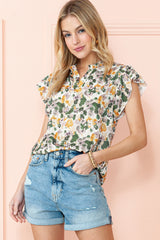 Laurel Green Floral Print Frilled V Neck Butterfly Sleeve Blouse