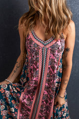 Pink Bohemian Floral Patchwork Print Midi Sundress