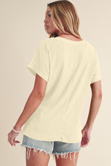 Apricot Solid Color Crinkled V Neck T Shirt