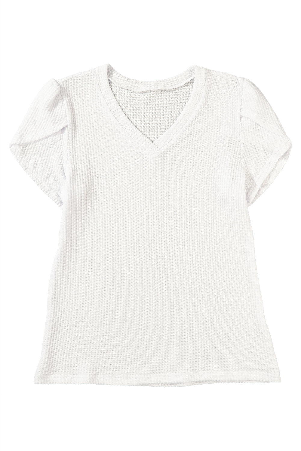 White Tulip Sleeve Waffle Knit V Neck T-Shirt