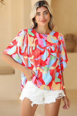 Multicolor Abstract Print Flounce Sleeve Blouse