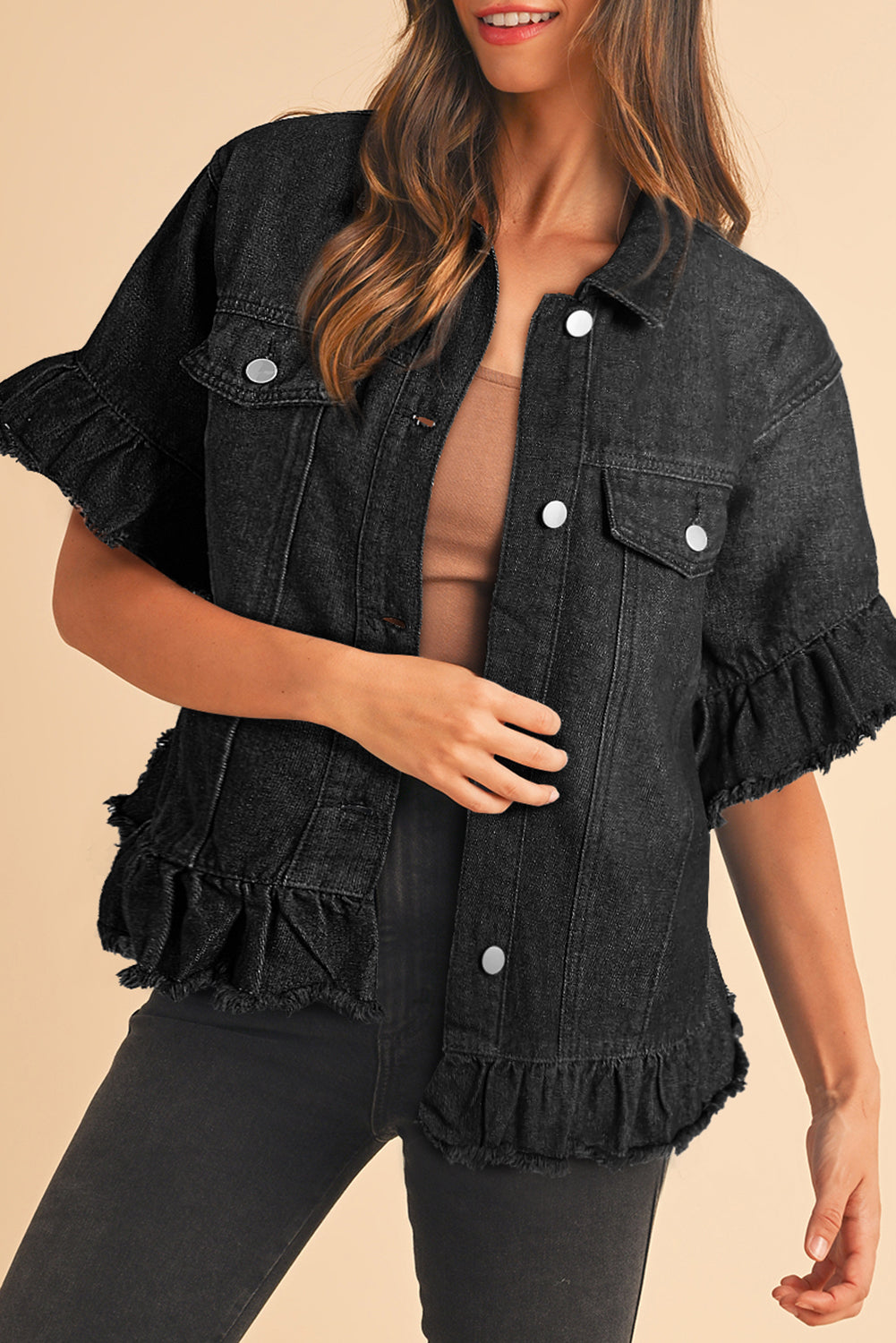 Black Raw Edge Ruffle Short Sleeve Denim Jacket